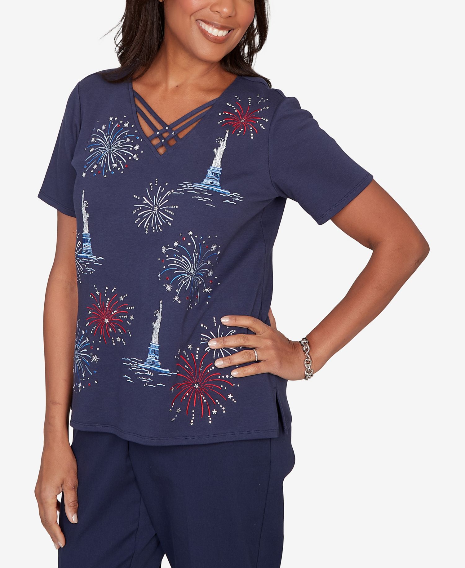 Petite Lady Liberty Statue of Liberty Fireworks V-Neck T-Shirt