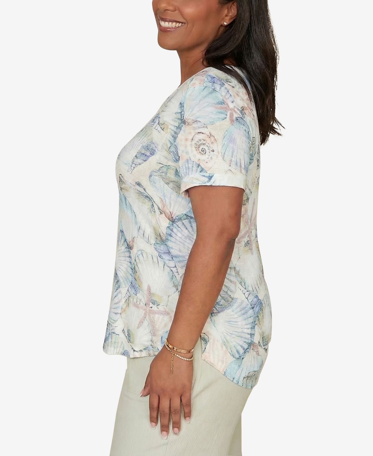 Petite Vintage Charm Seashells Embellished Solid T-Shirt