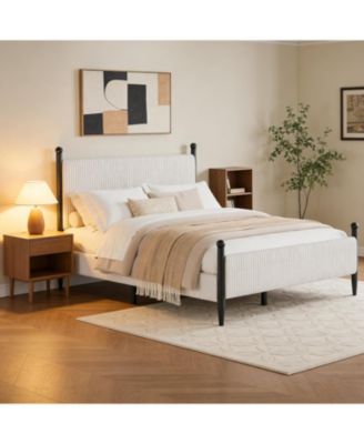 Bed Frame with Velvet Headboard, Upholstered Soft Corduroy Fabric Platform