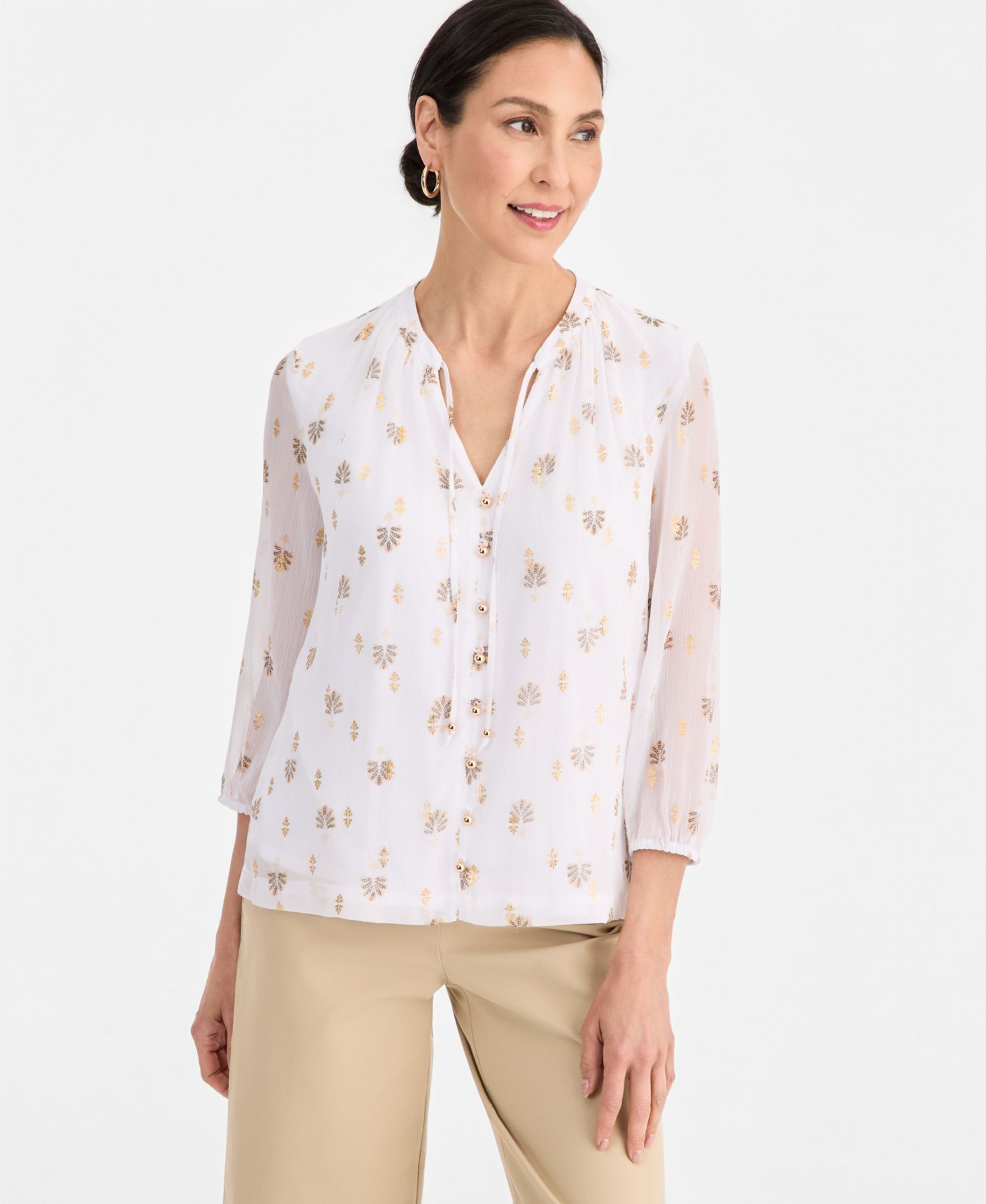 Women's 3/4 Sleeve Metallic-Print Tie-Neck Blouse