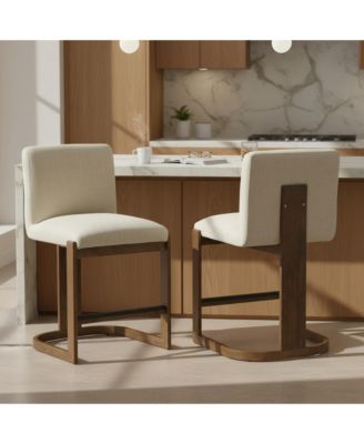 Modern Bar Stools Set of 2, 24" Solid Wood Counter Height Chairs with Linen Cushion Seat for Kitchen Island and Home Bar