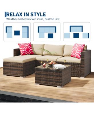 5-Piece All-Weather Wicker Patio Sectional Sofa Set with Ottoman and Glass Table