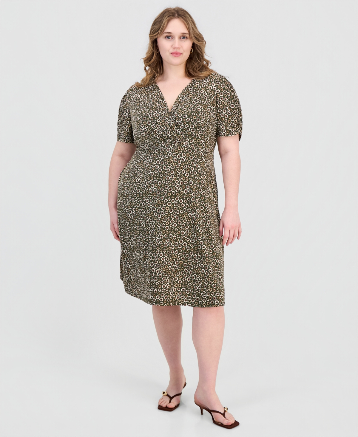 Connected Plus Printed Ruched-Sleeve Sheath Dress