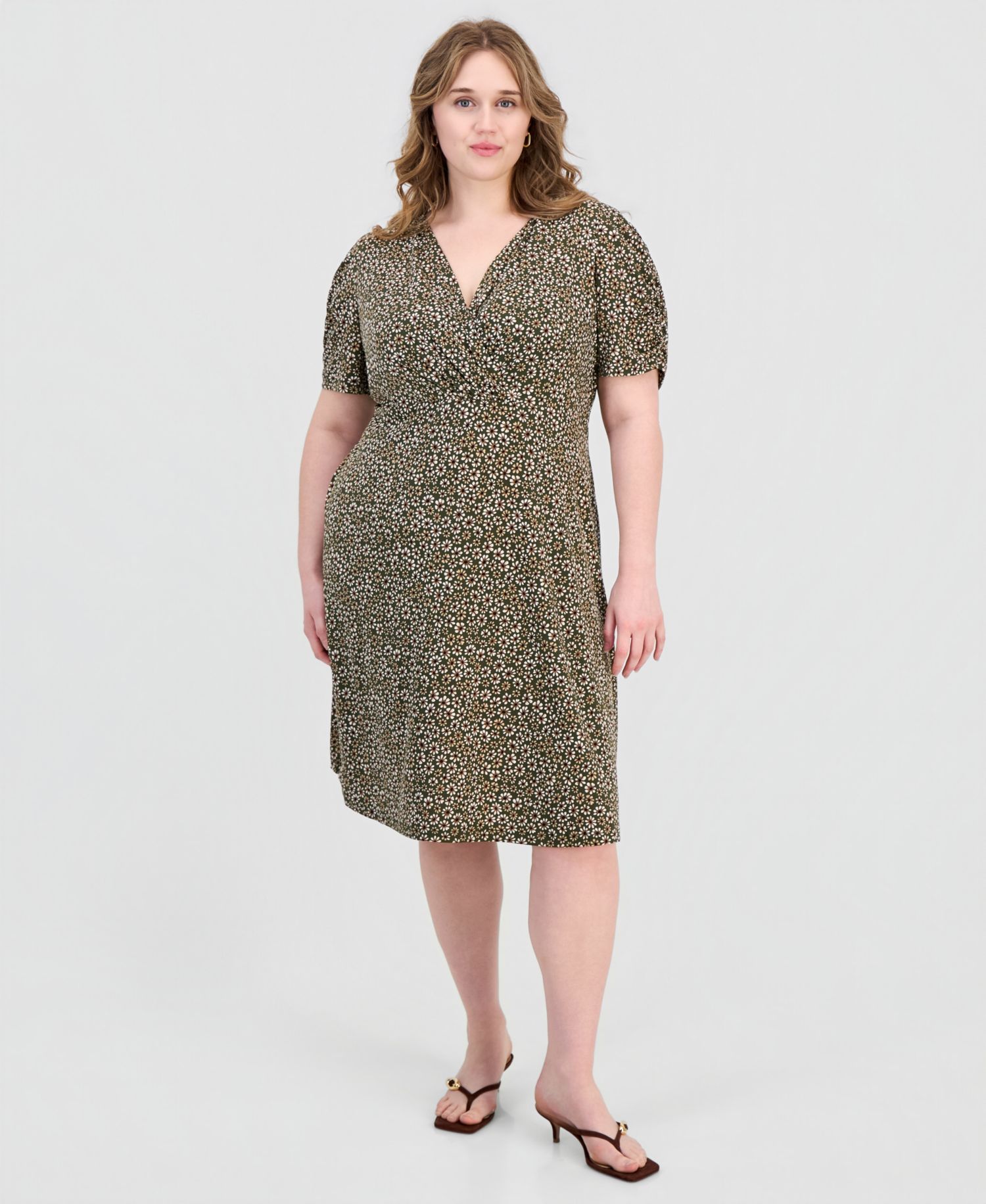 Plus Size Printed Ruched-Sleeve Sheath Dress