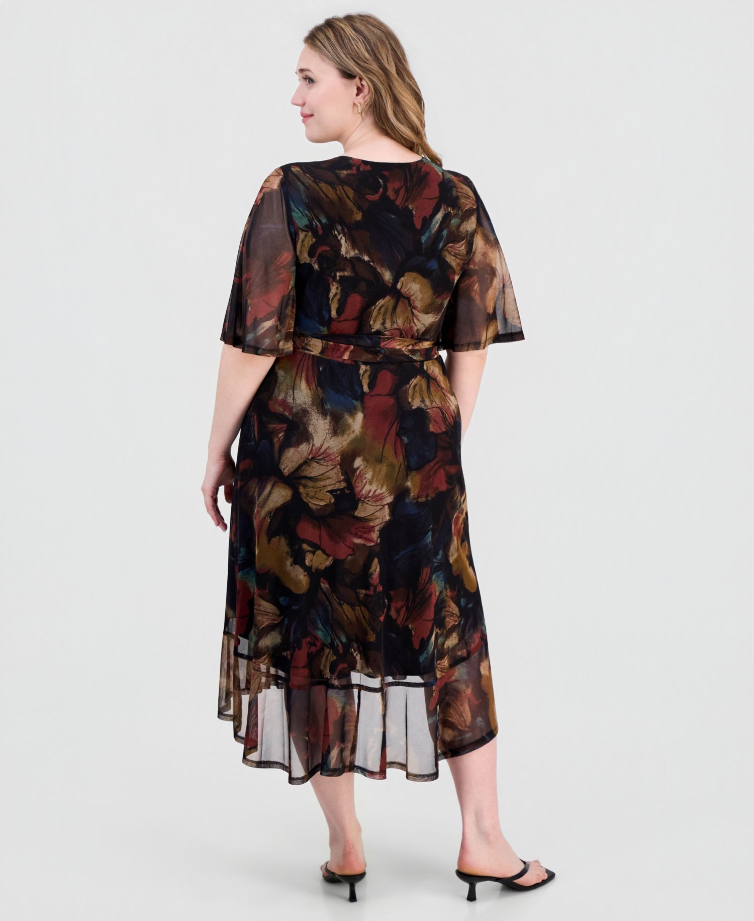 Plus Size Printed Flutter-Sleeve Faux-Wrap Midi Dress
