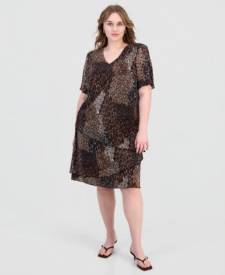 Plus Size Printed Pleated Asymmetric Tiered Sheath Dress
