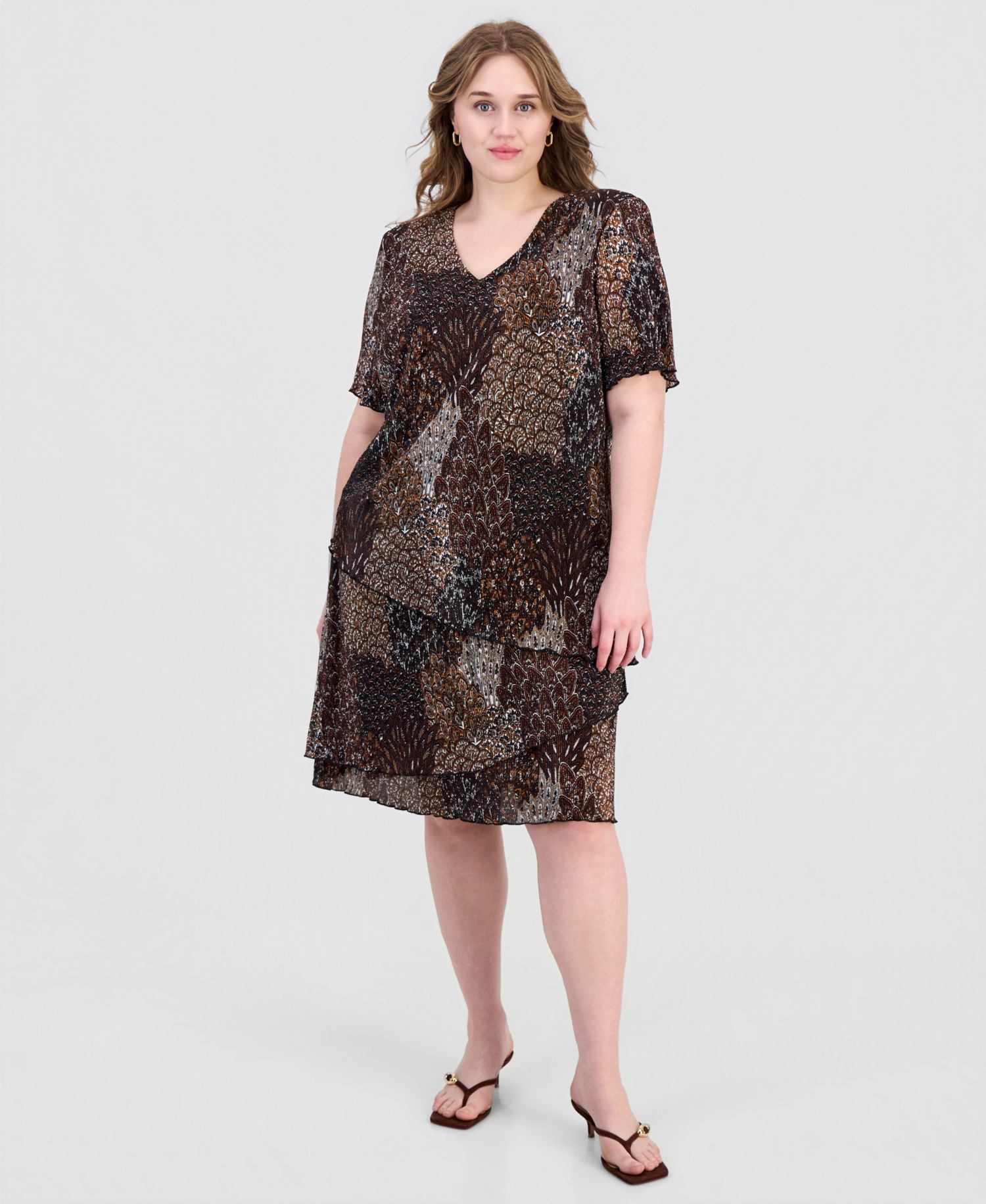 Plus Size Printed Pleated Asymmetric Tiered Sheath Dress