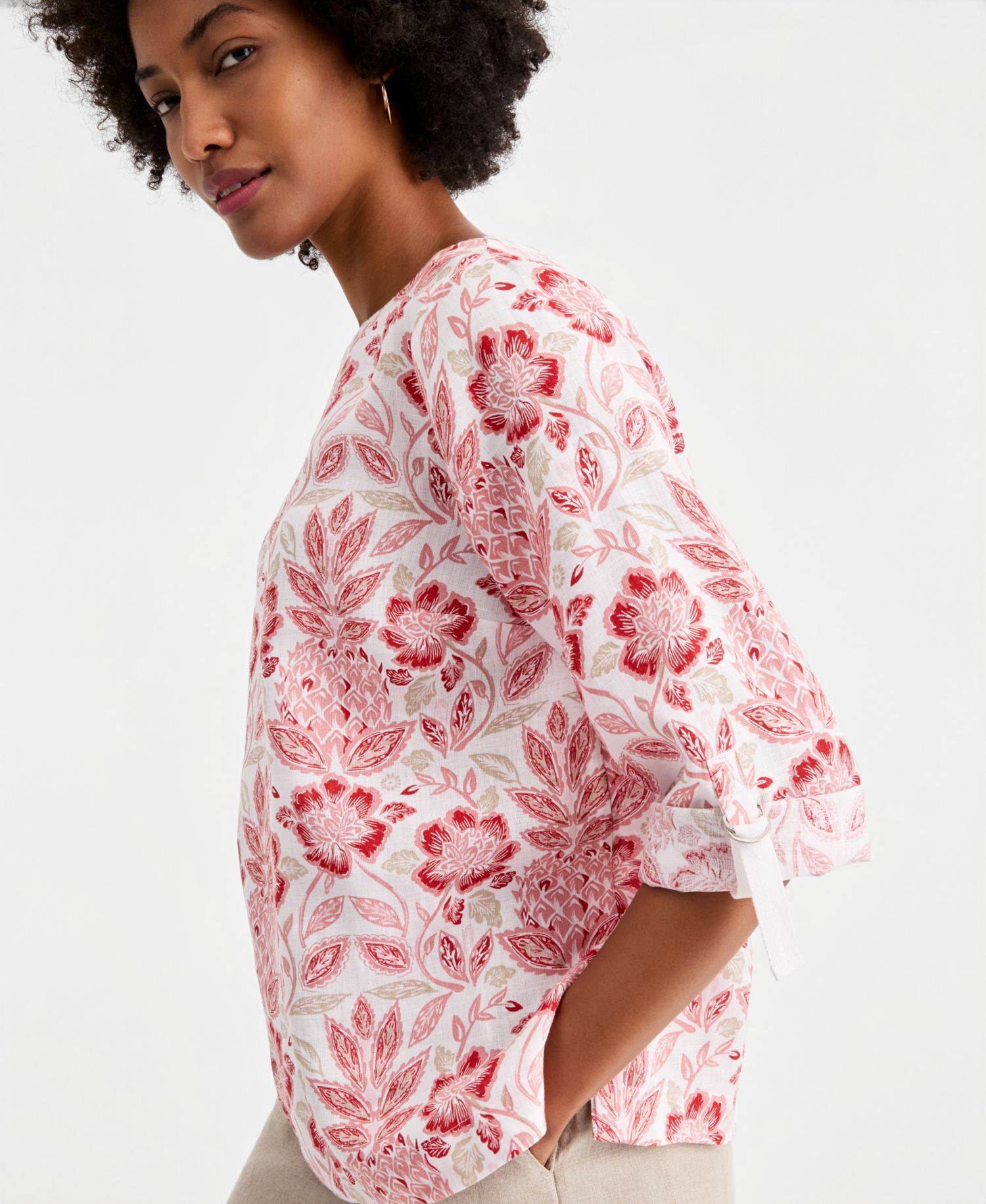 Petite 100% Linen Cuffed Top