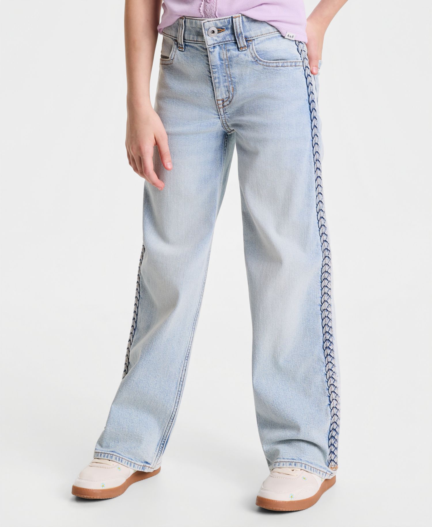 Girls' 5-16 Braided High-Rise Wide-Leg Jeans