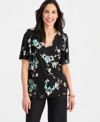Women's Printed V-neck Flutter-Sleeve Top