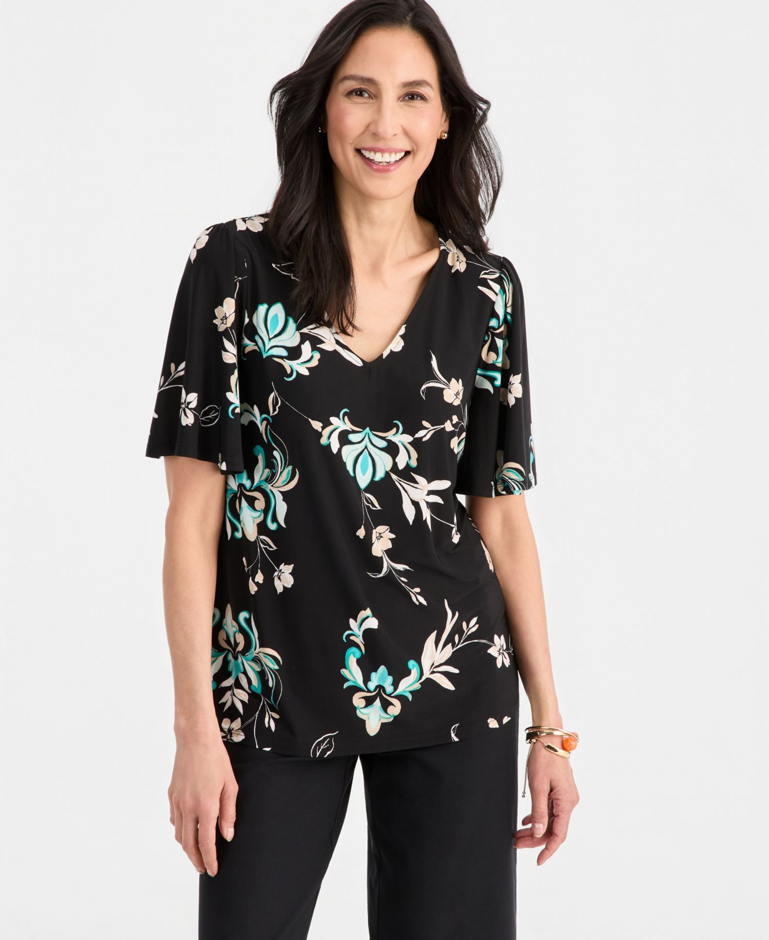 Women's Printed V-neck Flutter-Sleeve Top