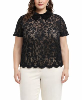 Plus Size Scallop Edge Lace Collar Short-Sleeve Top