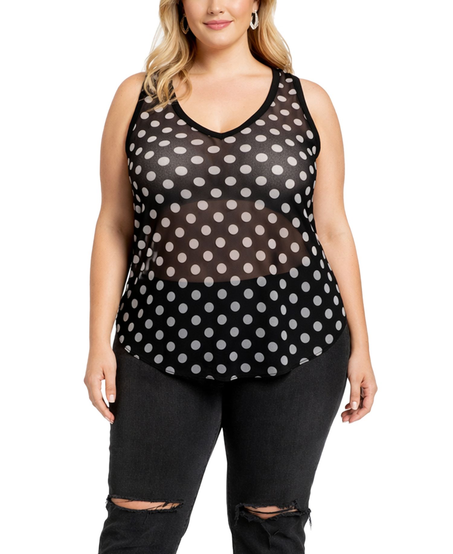 Plus Size Polka Dot Mesh Double Tank Top