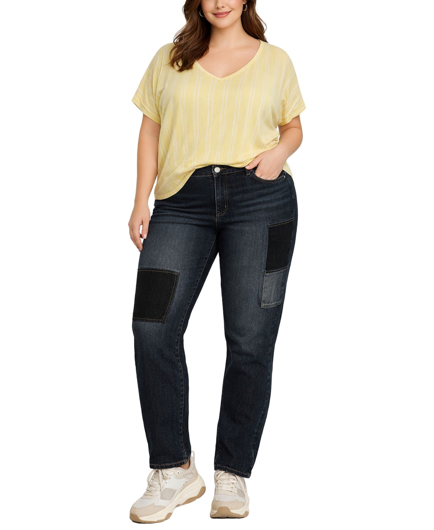 Plus Size Vertical Stripe Rolled-Sleeve Top