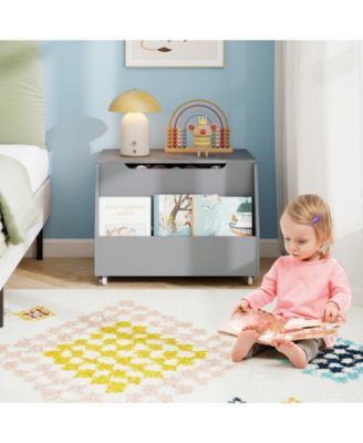 Wooden Mobile Toy Storage Organizer with Bookshelf and Lockable Wheels