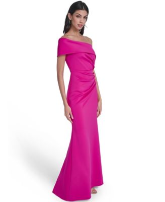 Women's Asymmetric-Neck Side-Pleat Scuba Gown