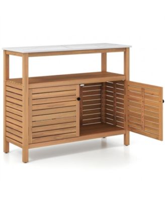Acacia Wood Patio Buffet Cabinet with Open Shelf and Resin Countertop