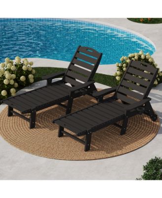 5-Position Adjustable HDPE Folding Chaise Lounge Set Outdoor Recliners with Cup Holder, Wheels, Resin, for Poolside, Garden 2 Pack