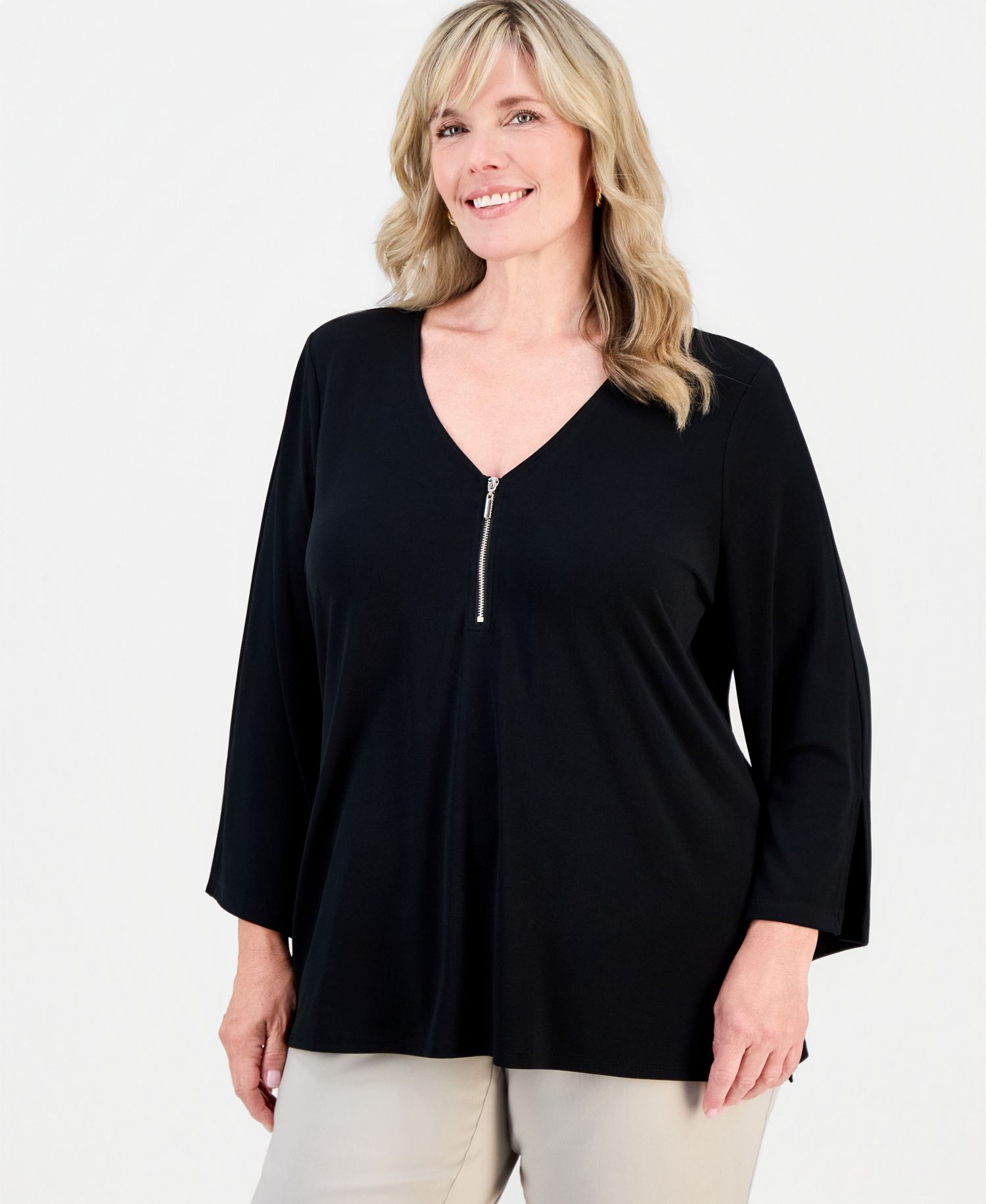 Plus Size Bell-Sleeve Zip-Neck Top, Macy's Exclusive