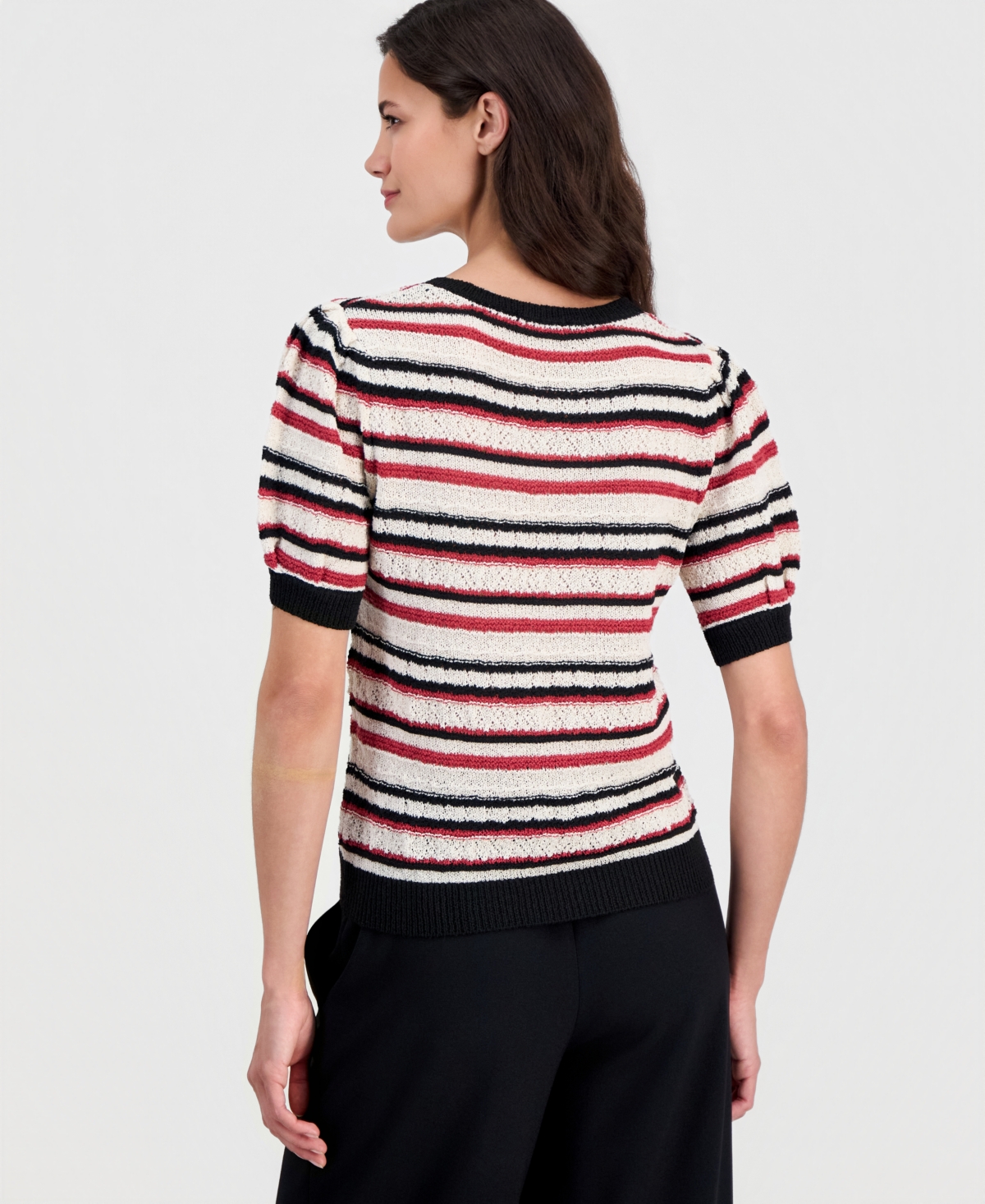 T Tahari Women's Striped Puff-Sleeve Pointelle-Knit Top