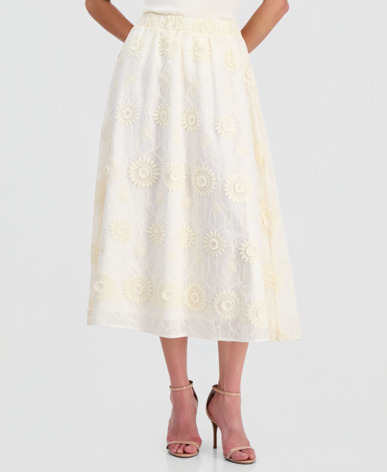 Women's Pull-On Floral-Embroidered Midi Skirt