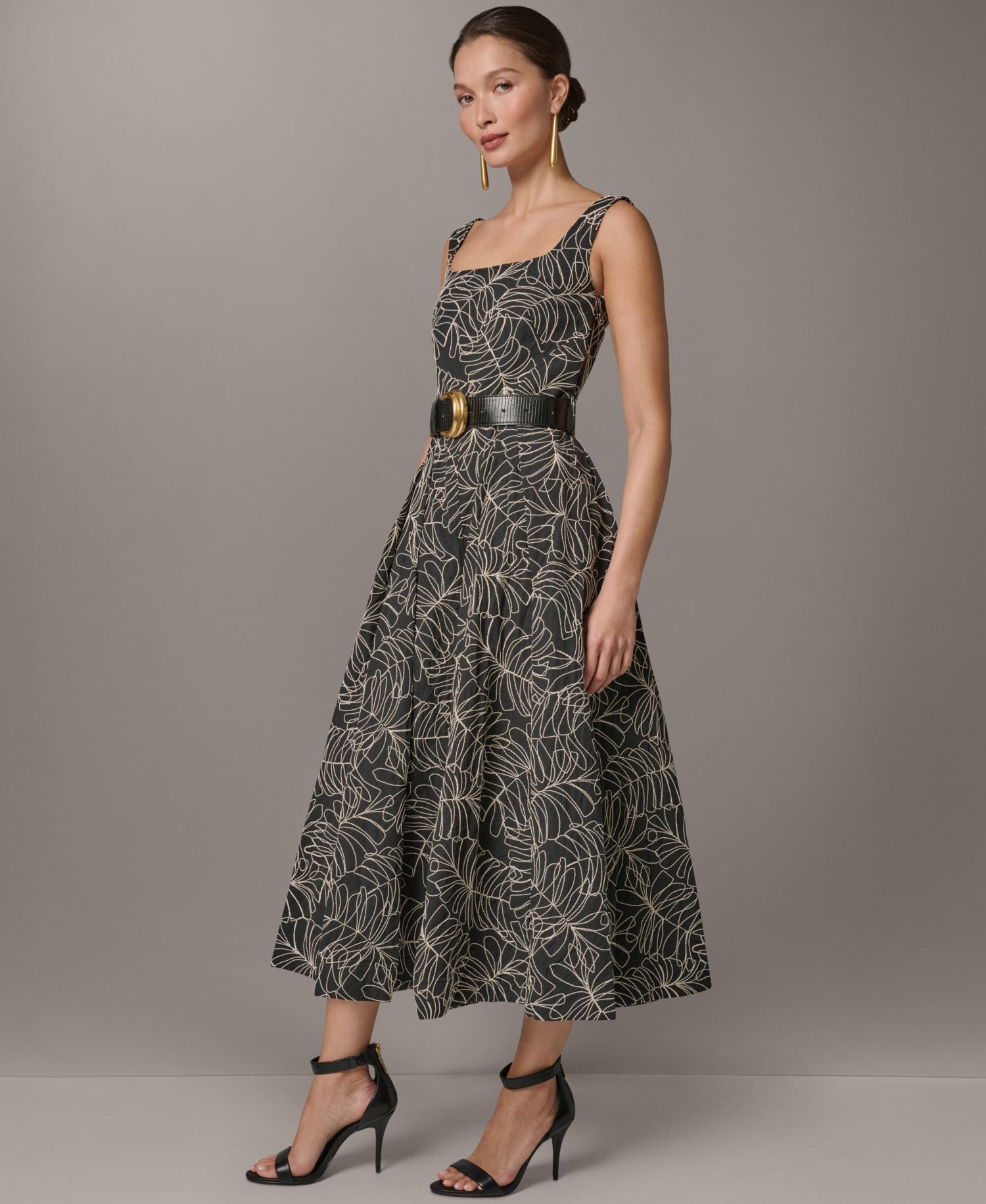 Women's Square Neck A-Line Midi Dress with Polyurethane Belt
