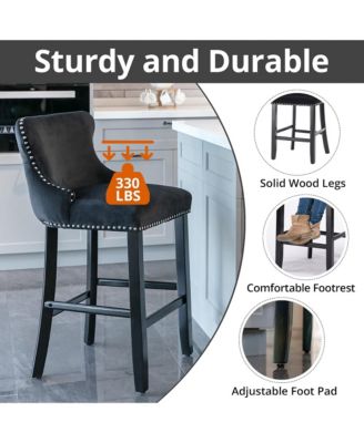 Velvet Wingback Bar Stools Set of 2, Counter Height Chairs with Solid Wood Legs, Button Tufted and Nailhead Trim for Kitchen Island