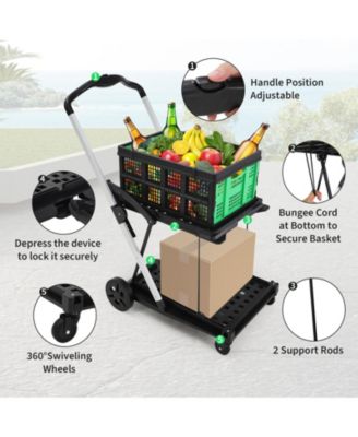 Collapsible Rolling Grocery Cart w/ Removable Basket and 360degree(s) Swivel Wheels, Lightweight Folding Utility Cart for Shopping and Office