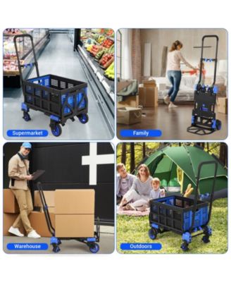2-in-1 Folding Hand Truck and Platform Cart w/ 330 lb Capacity, Convertible Dolly with Foldable Basket and Bungee Cords, Portable Luggage Cart