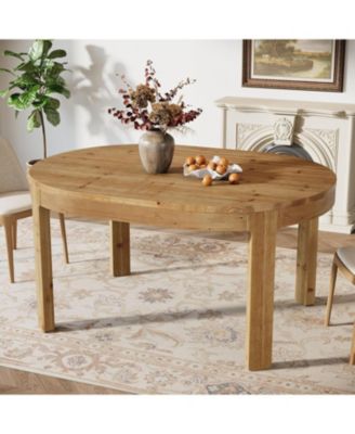 55" Solid Wood Oval Dining Table for 4, Rustic Kitchen Table with Curved Tabletop Edge for Dining Room