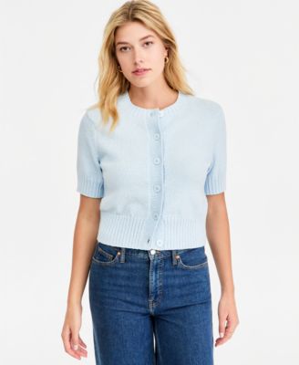 Women's Crewneck Short-Sleeve Textured Button-Front Cardigan