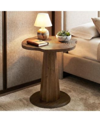 Solid Wood End Table, 20.87" Small Round Pedestal Side Table with Tree-Ring Patterns