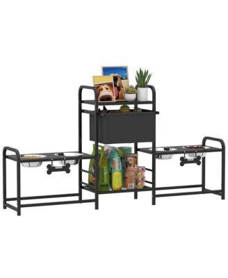 Black Elevated Dog Bowl Stand - 3 height adjustable, 2 feeding stations, built-in toy bin basket. Neat, ergonomic design