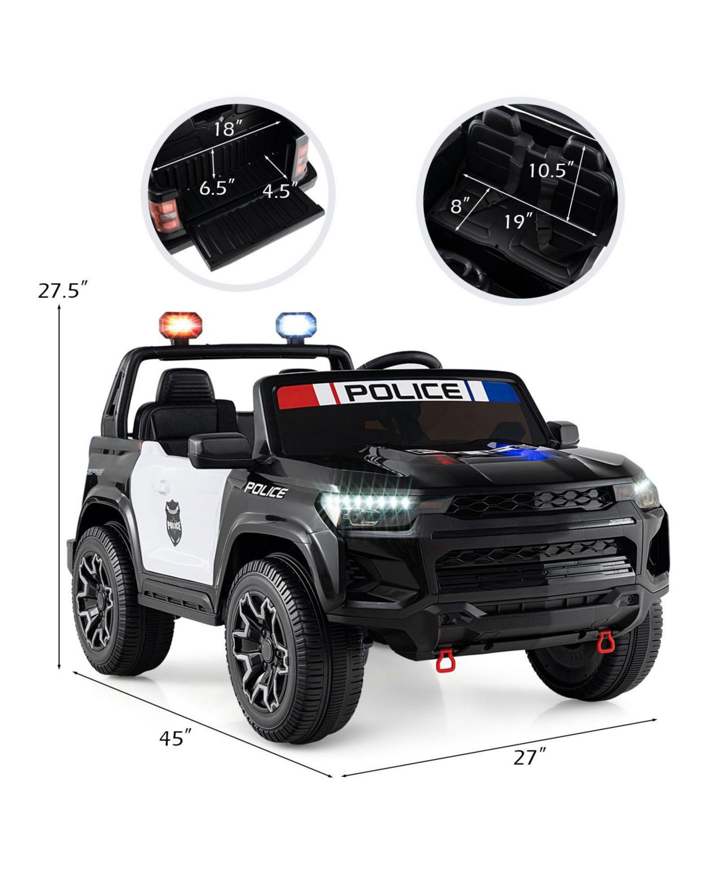 Детская игрушка Slickblue 24V Police 2-Seater 4WD Ride-On Car, Ages 3-8, цвет: Чёрный — фото 3