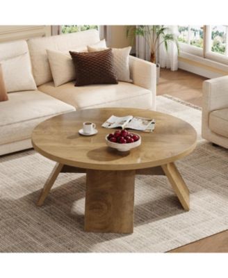 Round Coffee Table, 39.37" Wooden Circle Coffee Table with Splayed Legs