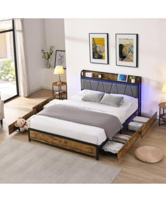 Bed Frame, Storage Headboard with Charging Station and 4 Storage Drawers