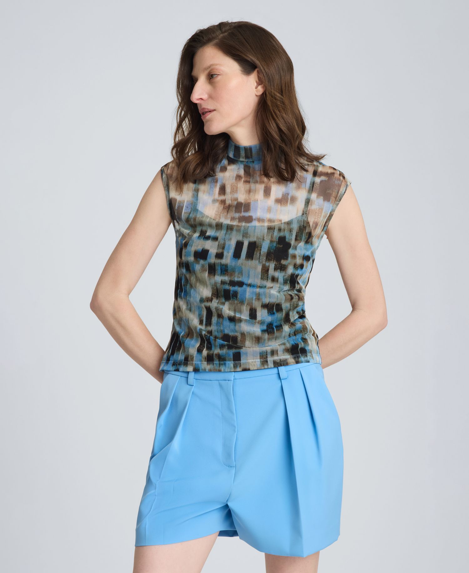 Women's Printed Mesh Mock Neck with interior Cami