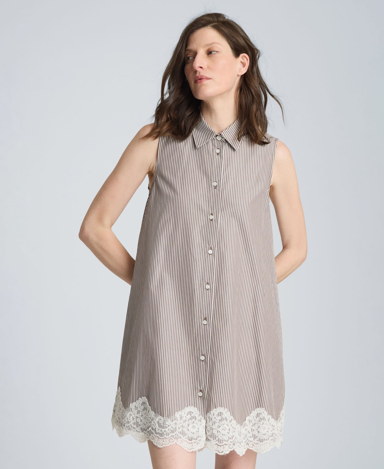 Women's Striped Collared Neck Swing Shirt Dress with Lace Trim