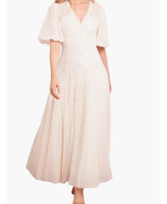 Women's Scallop Sequin V-neck Ankle Gown