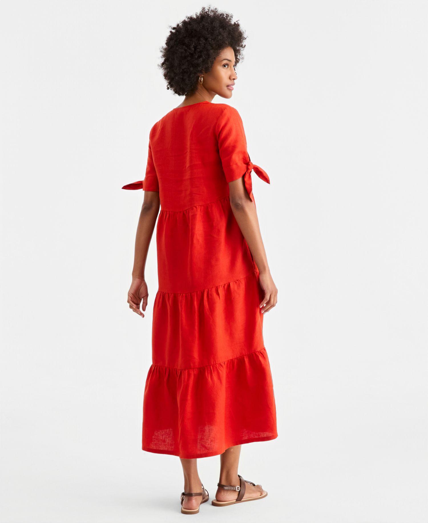 Women's 100% Linen Tie-Sleeve Tiered Midi Dress
