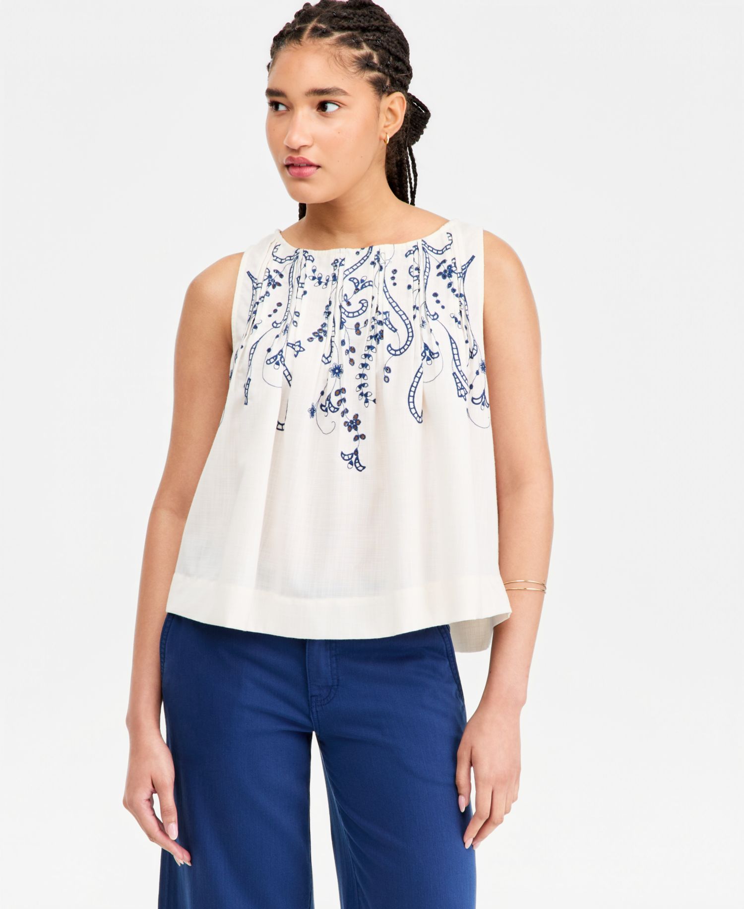 Women's Sleeveless Boat-Neck Embroidered Woven Cotton Top