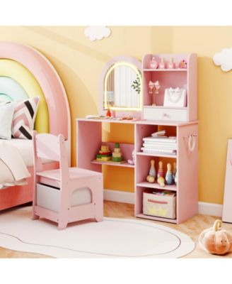Kids Makeup Vanity Desk and Chair Set with 3-Color LED Mirror