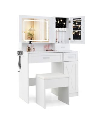 Makeup Vanity Desk with LED Lighted Mirror, Jewelry Cabinet and Stool Set