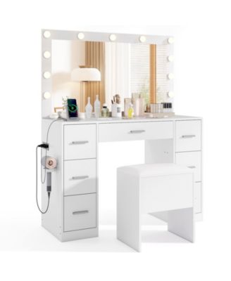 43.5 in Vanity Desk with LED Lighted Mirror, 7 Drawers and Storage Stool