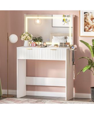 Fluted Vanity Desk with LED Mirror, 3-Color Lighting, 2 Drawers, Power Outlet and USB, Hair Dryer Holder, Oak Storage Vanity for Bedroom