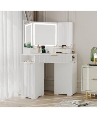 Corner Vanity, Corner Vanity Desk with Mirror and Lights, Fluted Makeup Table with Charging Station, Drawers, Storage Cabinets