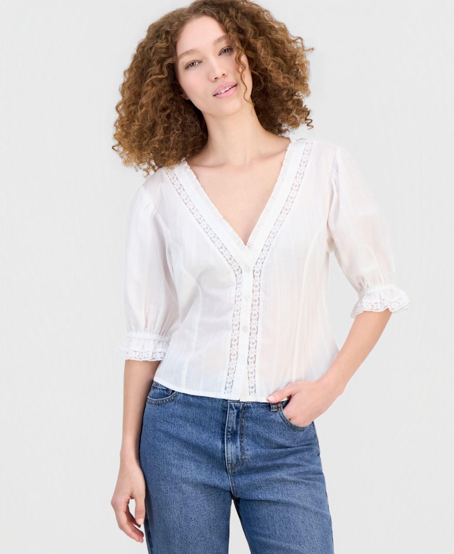 Women's Ruffled-Neck Short-Sleeve Blouse