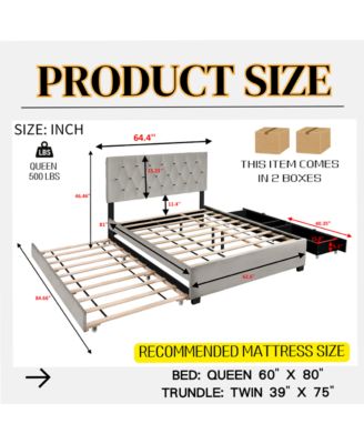 Queen Size Trundle Pull Out Drawers Storage Upholstered Bed Modern Design No Box Spring