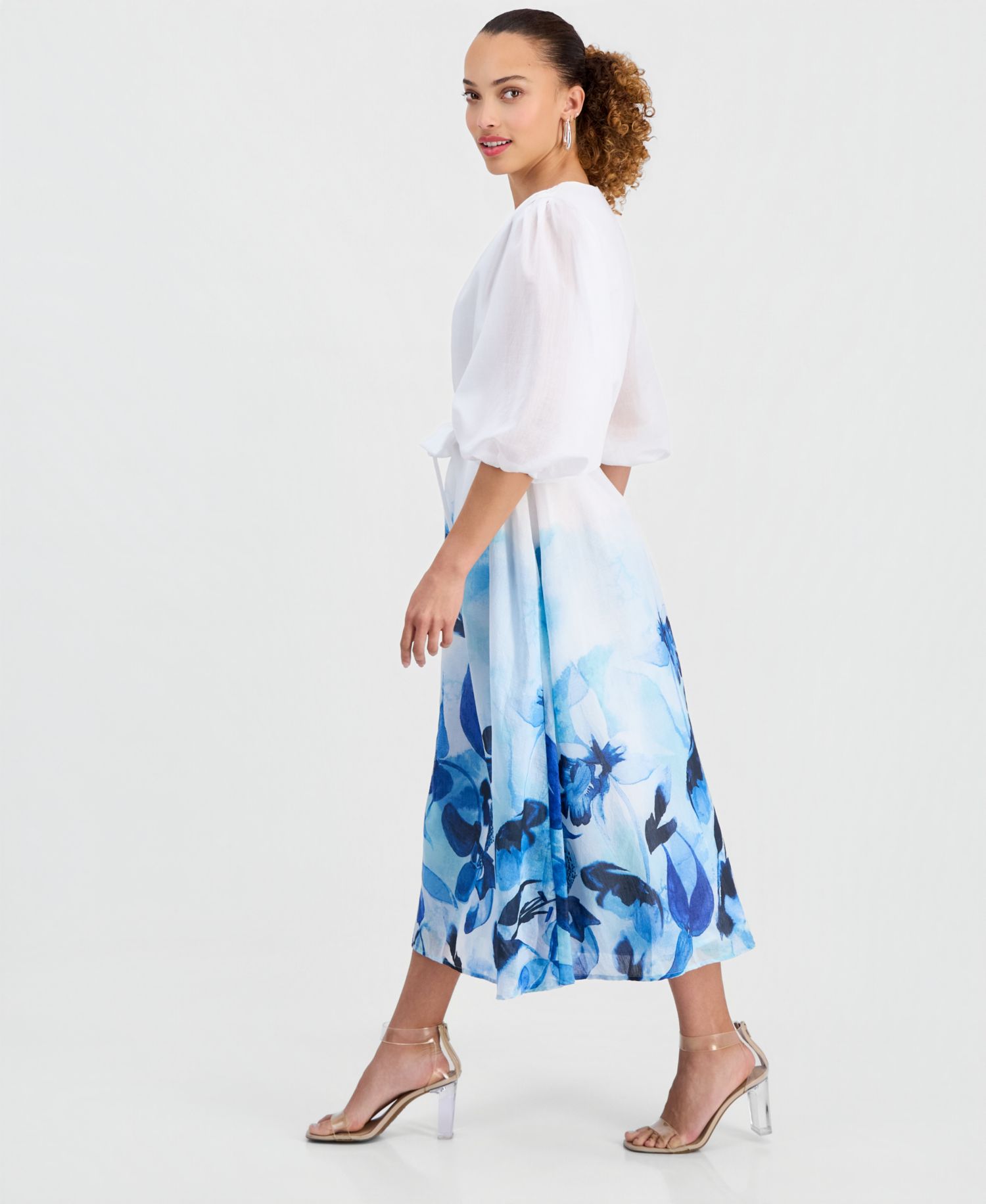 Petite V-Neck Puff-Sleeve Dress
