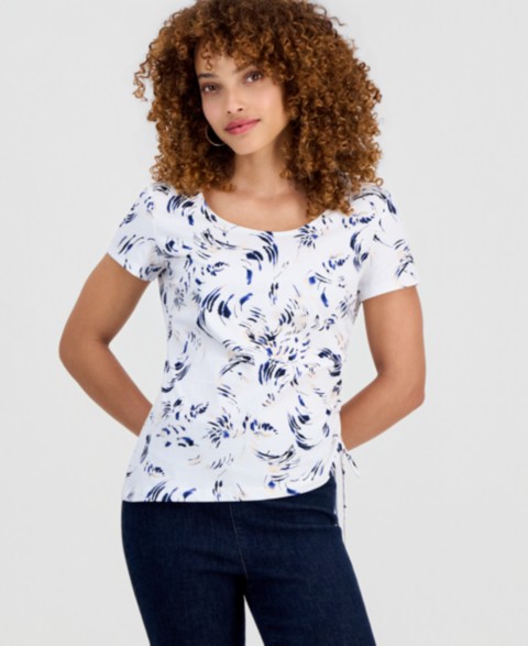 Женские I.N.C. International Concepts Petite Cotton Floral-Print Asymmetric Side-Tie Top